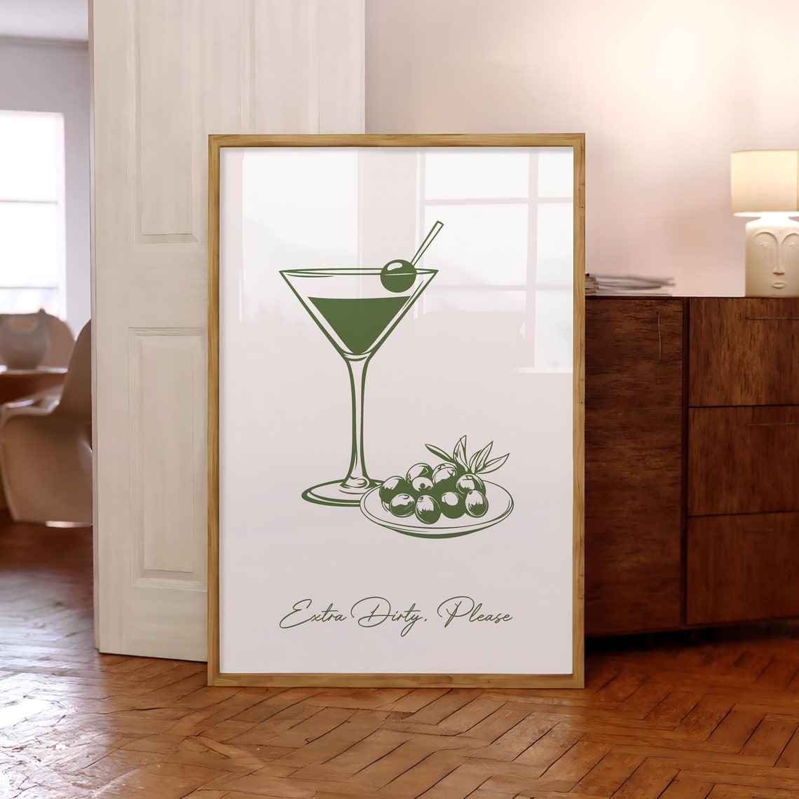 Extra Dirty Please Green Martini Cocktail Line Art Bar Decor Poster