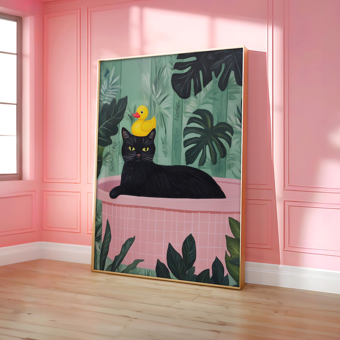 Funny Black Cat with Rubber Duck in Pink Tub Poster Among Jungle Leaves