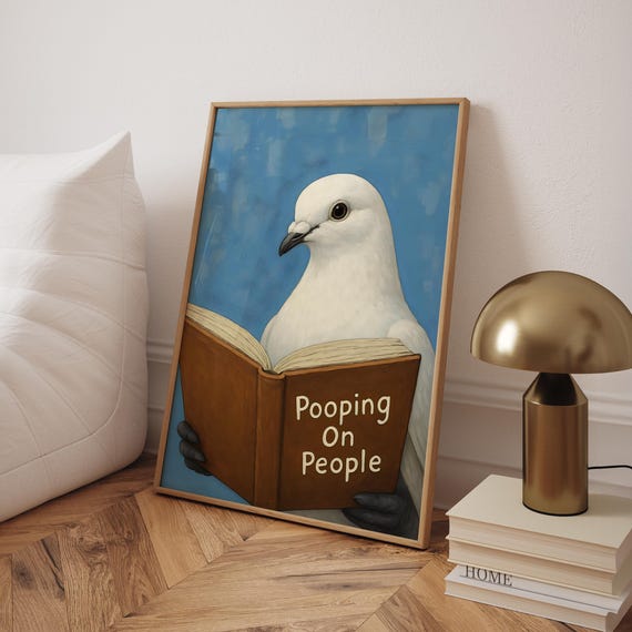 Funny Bathroom Print Pigeon Pooping On People Book Poster Toilet Wall Art Decor Humorous Prints File
