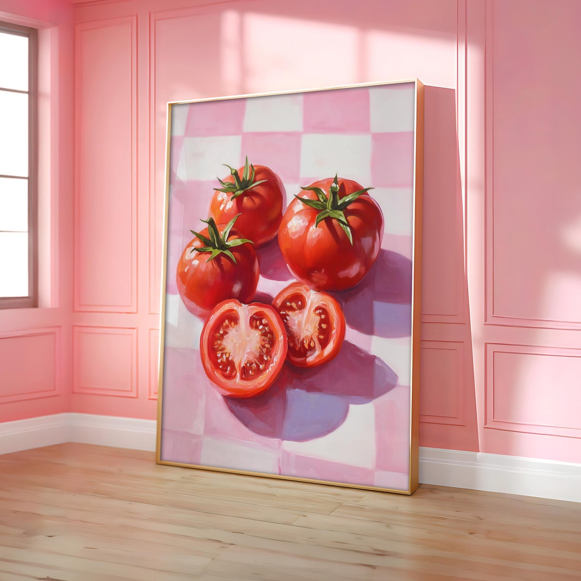 Fresh Red Tomatoes on Pink Checkered Background Kitchen Poster