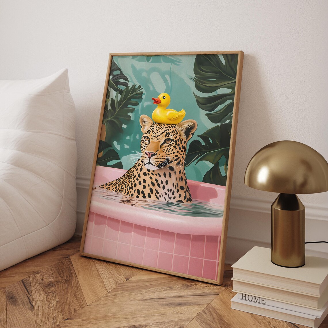 Leopard in Bathtub Art Print, Pink Bathroom Decor