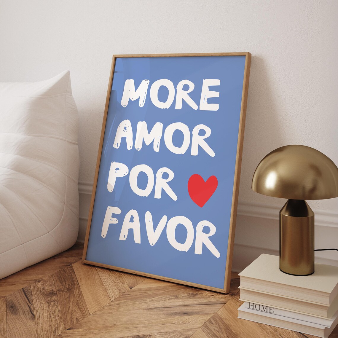More Amor Por Favor Quote Poster Blue Background With Red Heart