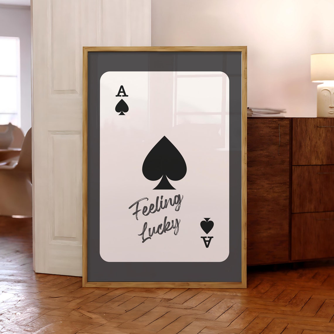 Charcoal Ace Of Spades Playing Card Feeling Lucky Script Poster