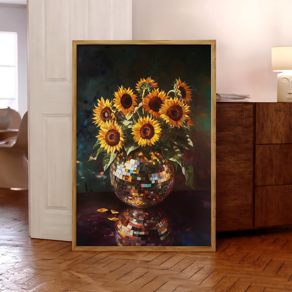 Sunflowers Disco Ball Print, Maximalist Floral Poster