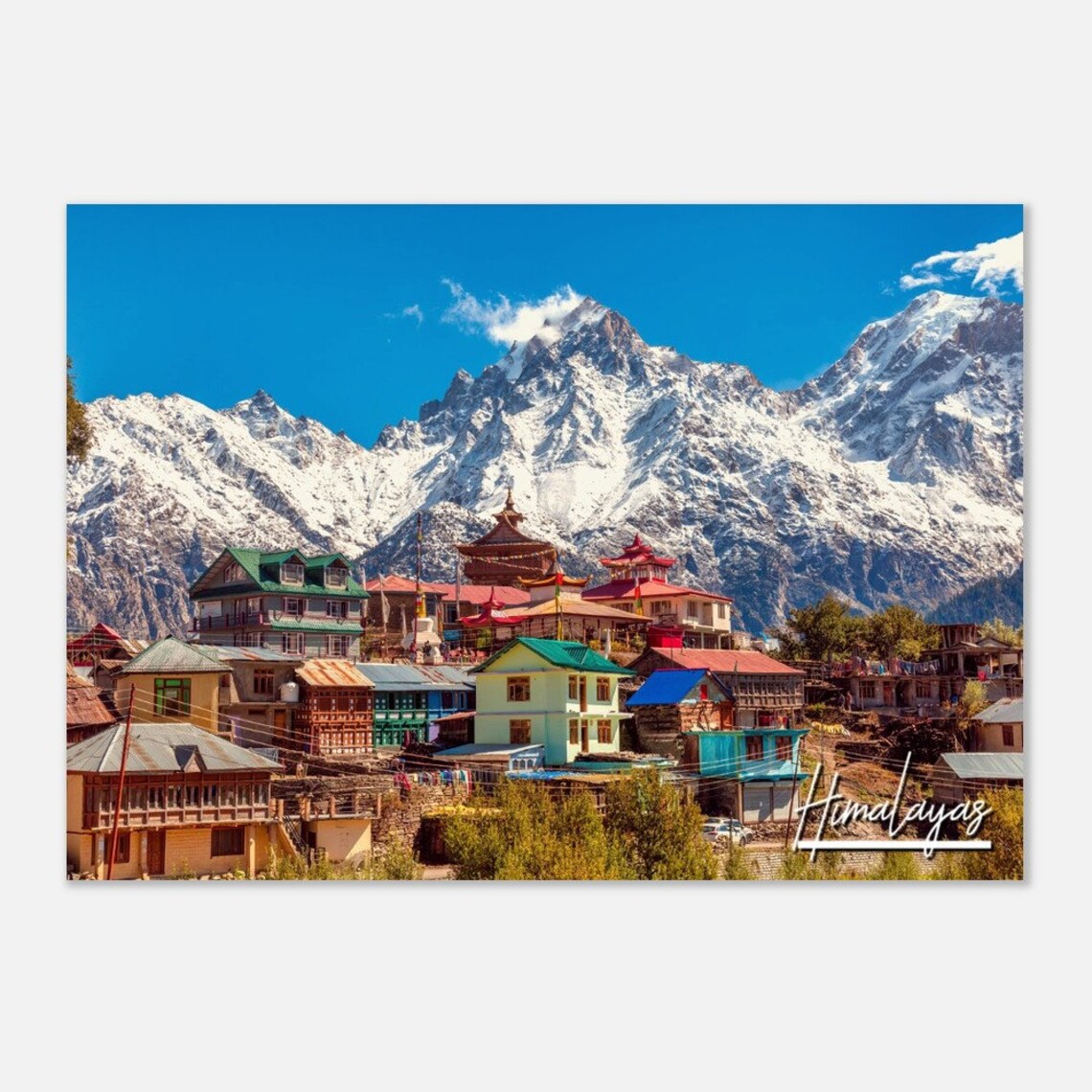 Colorful Himalayas Mountain Village Temple Snow Peaks Travel Poster