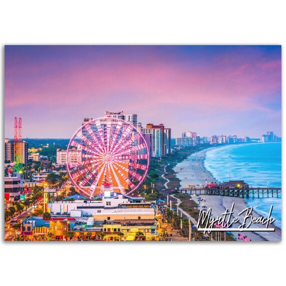 Myrtle Beach Ferris Wheel Sunset Boardwalk Coastal Travel Poster