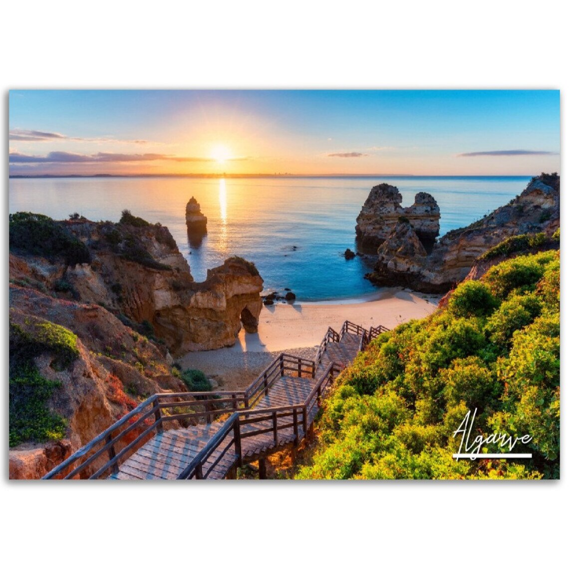 Algarve Portugal Sunset Coast Sea Stacks Beach Boardwalk Travel Poster