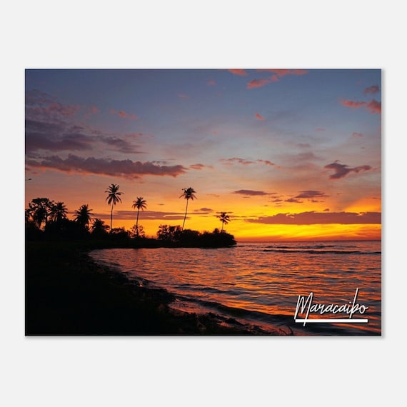 Maracaibo Sunset Palm Silhouettes Ocean Beach Tropical Art Poster
