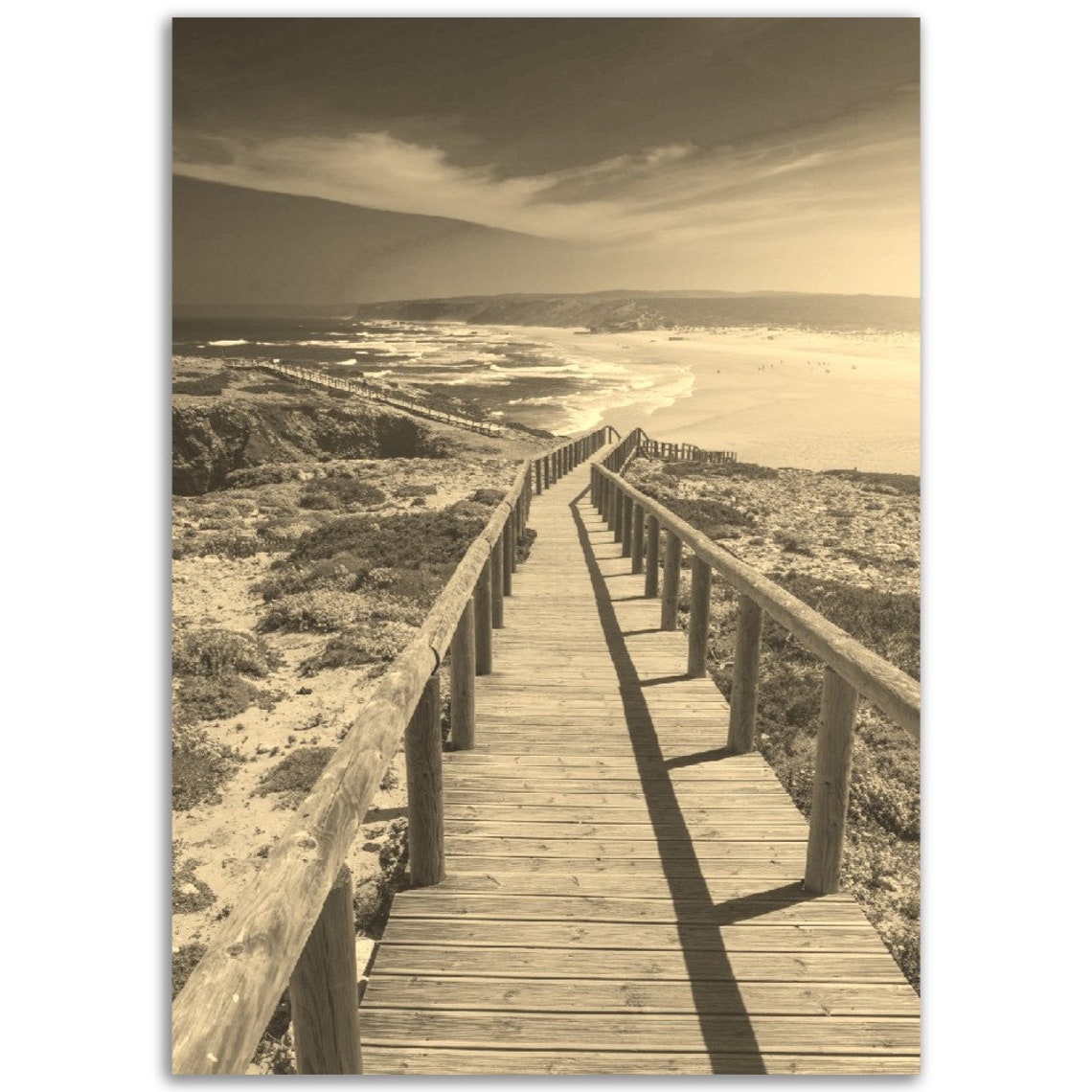 Algarve Portugal Sepia Beach Wooden Boardwalk Vintage Photo Poster