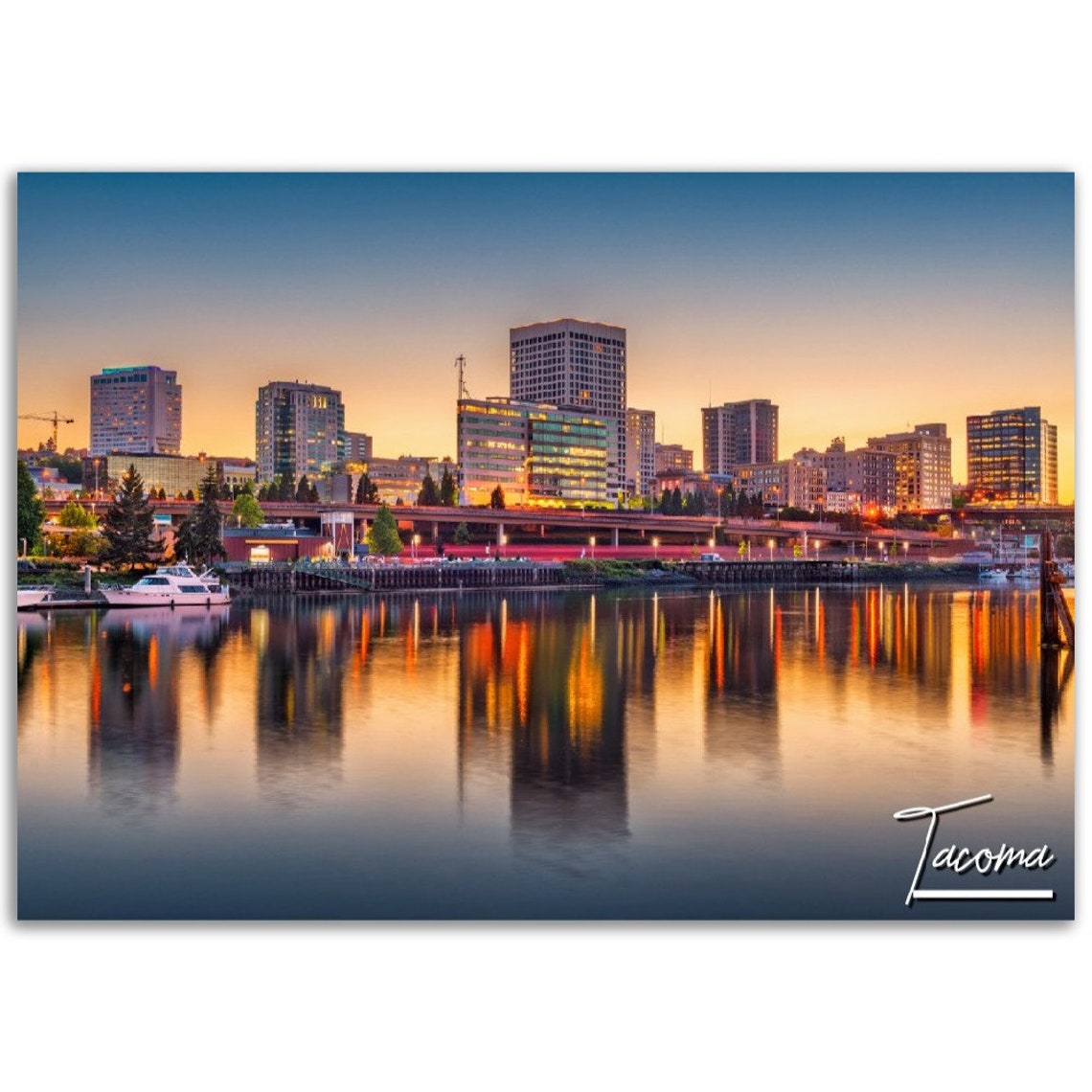 Tacoma Washington Skyline Sunset Travel Photography Poster Waterfront