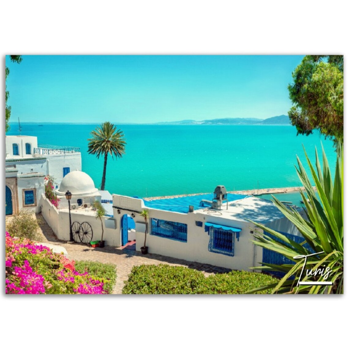 Tunis White and Blue Old Town Turquoise Sea Tunisia Travel Poster