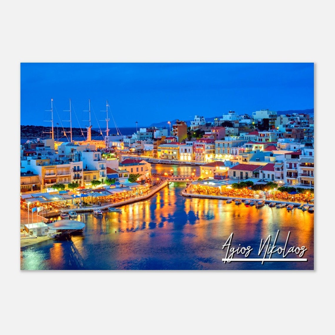 Agios Nikolaos Greece Night Harbor Lights Crete Seafront Poster