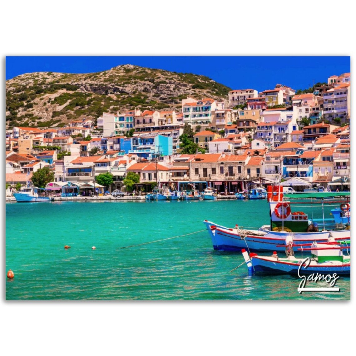 Samos Greece Harbor Fishing Boats Turquoise Water Travel Photo Print