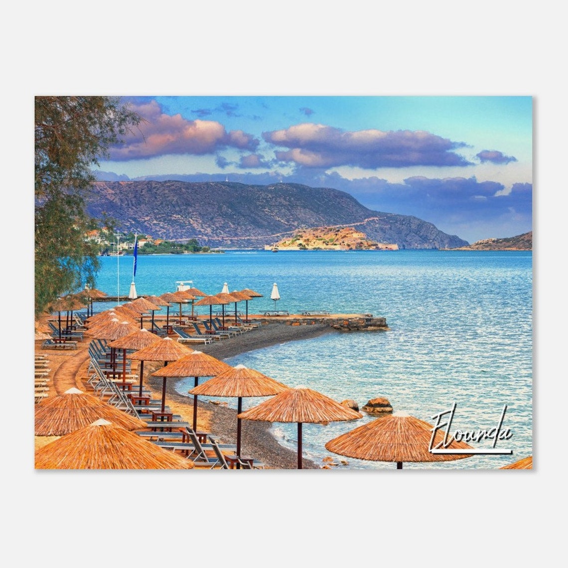 Elounda Crete Beach Poster With Straw Umbrellas Aegean Coast View
