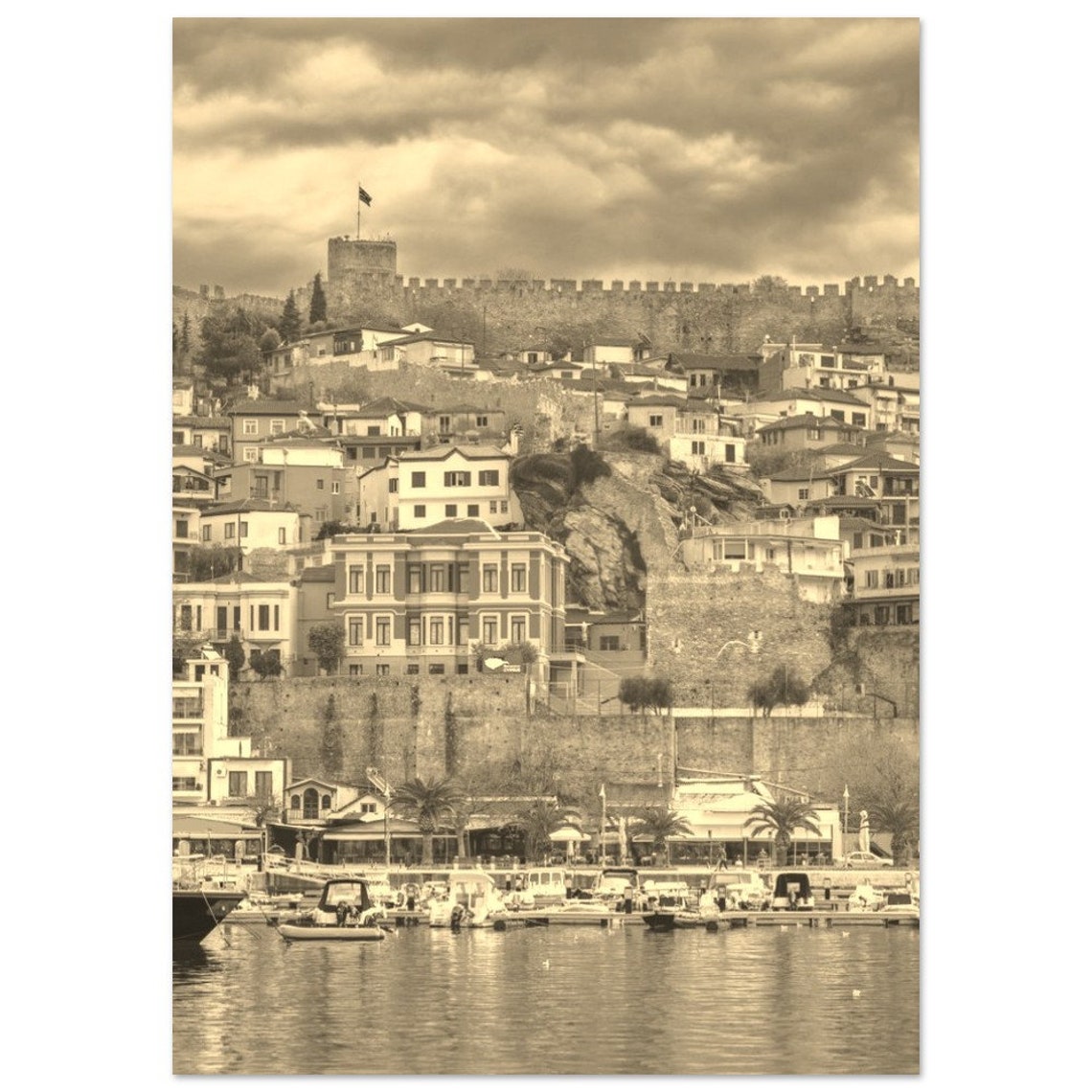 Kavala Greece Vintage Sepia Harbor Castle Coastal Town Poster
