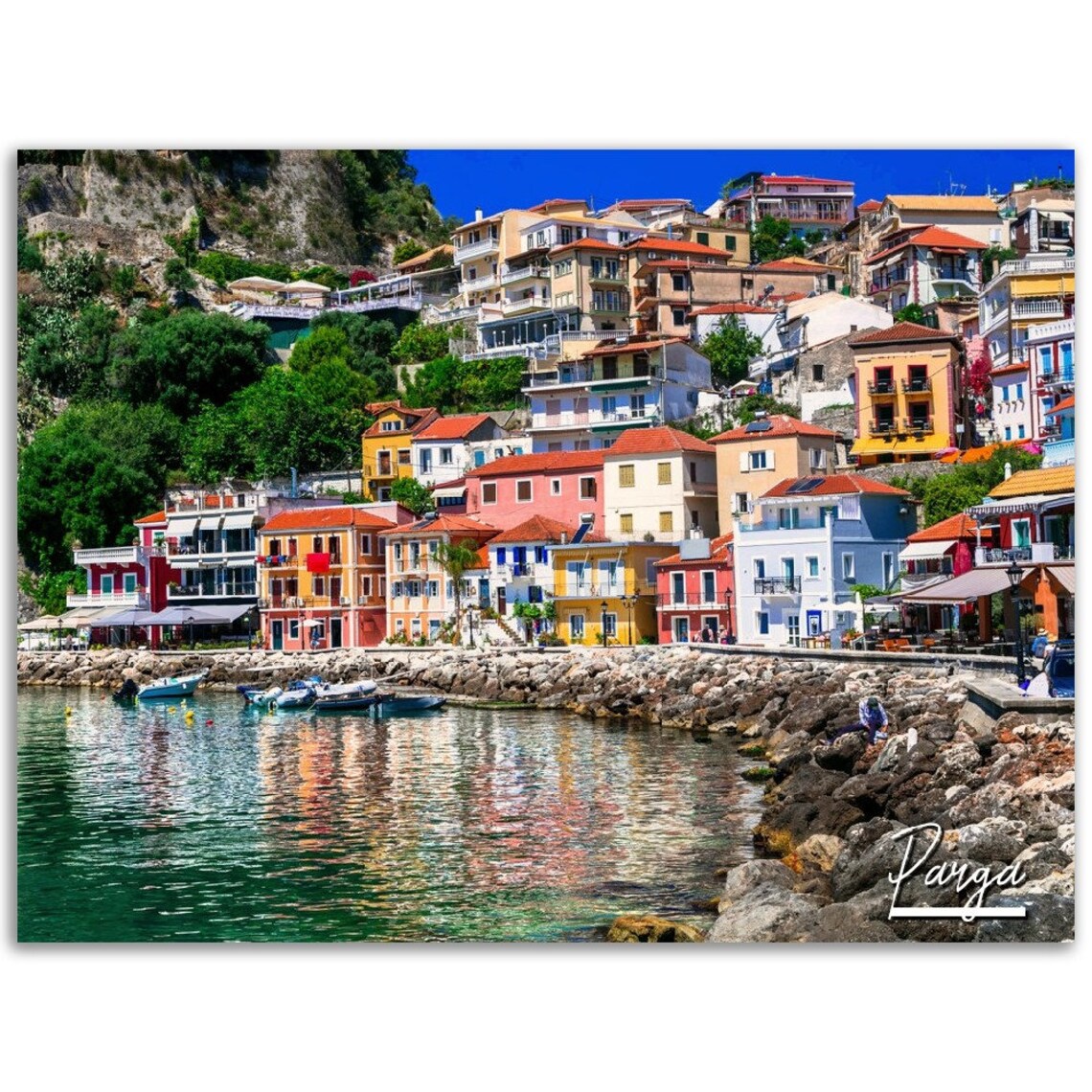 Parga Greece Colorful Coastal Houses Harbor Town Travel Poster