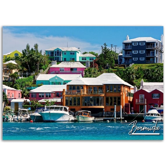 Bermuda Colorful Waterfront Houses Boats Turquoise Harbor Travel Poster