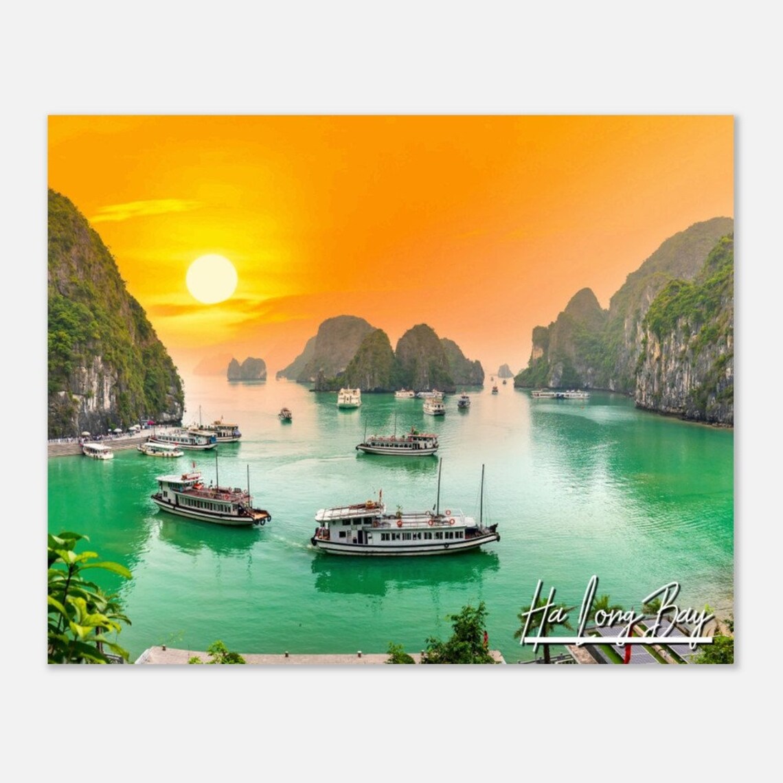Ha Long Bay Vietnam Sunset Cruise Ships Limestone Karsts Travel Poster