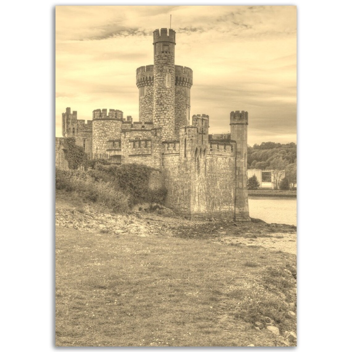 Vintage Sepia Stone Castle Towers Riverside Historic Travel Poster
