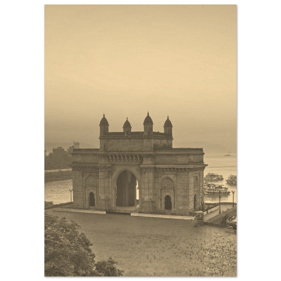 Vintage Mumbai Travel Poster, Sepia India Seascape