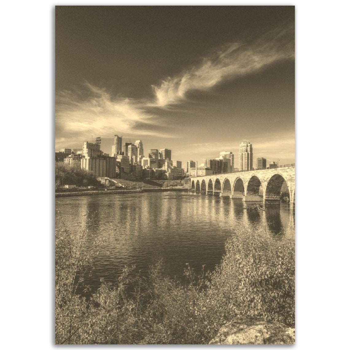 Vintage Minneapolis Sepia Skyline Stone Arch Bridge Travel Poster