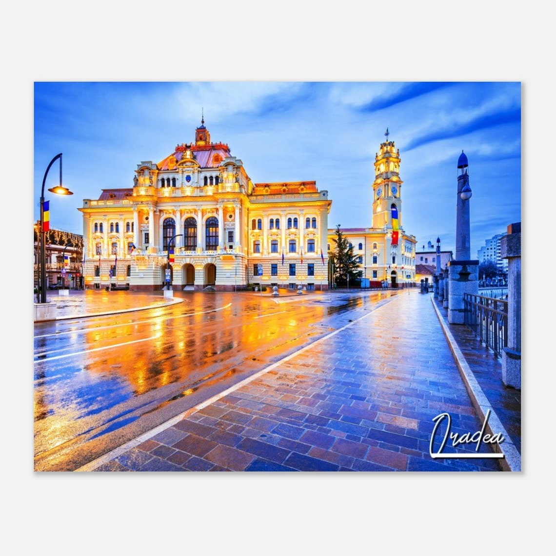 Oradea Romania Illuminated City Hall Blue Hour Travel Photo Poster
