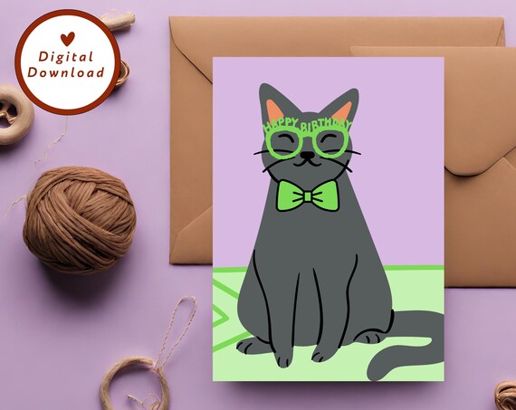 Funny Cat Birthday Card Gray Cat Wearing Green Party Glasses Poster