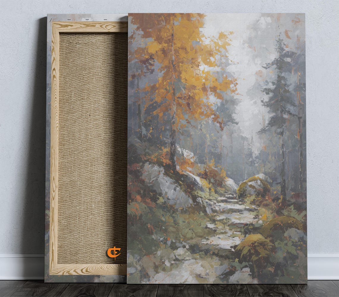 Golden Autumn Forest Pathway Misty Stream Rustic Fall Poster