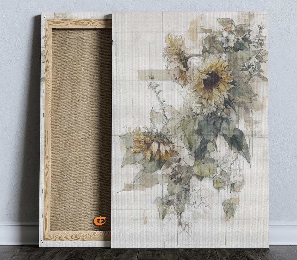 Sunflower Watercolor Botanical Sketch Neutral Floral Canvas Wall Art