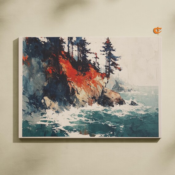 Coastal Pine Trees Rocky Ocean Cliff Bold Seascape Crashing Waves Art Poster