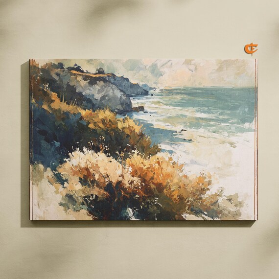 Golden Coastal Bluff Windswept Hills Teal Ocean Waves Rustic Art Poster