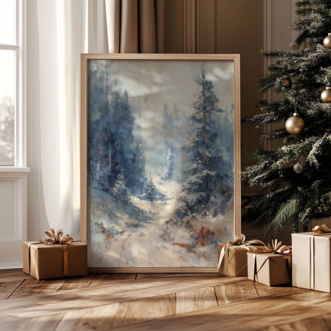 Winter Snowy Forest Pines Rustic Holiday Christmas Vintage Art Poster