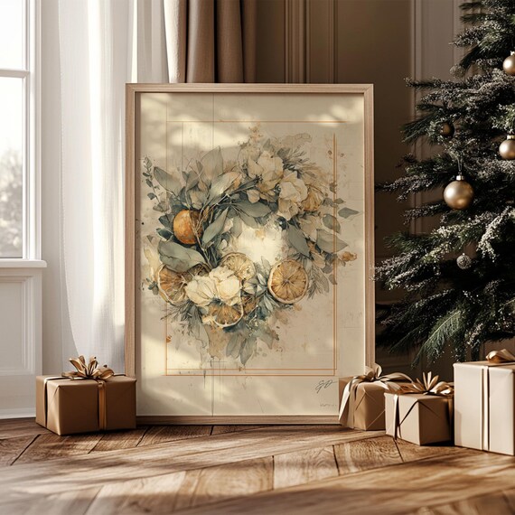 Rustic Christmas Wreath Dried Orange Eucalyptus Watercolor Poster