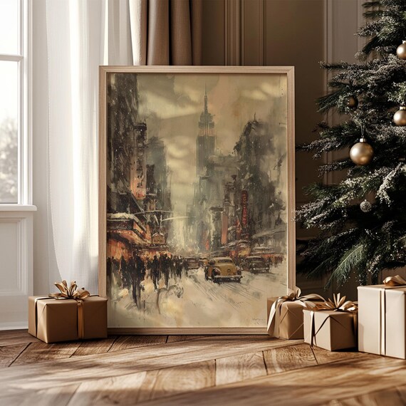 Vintage Winter New York Street Empire State Snowy Night Poster