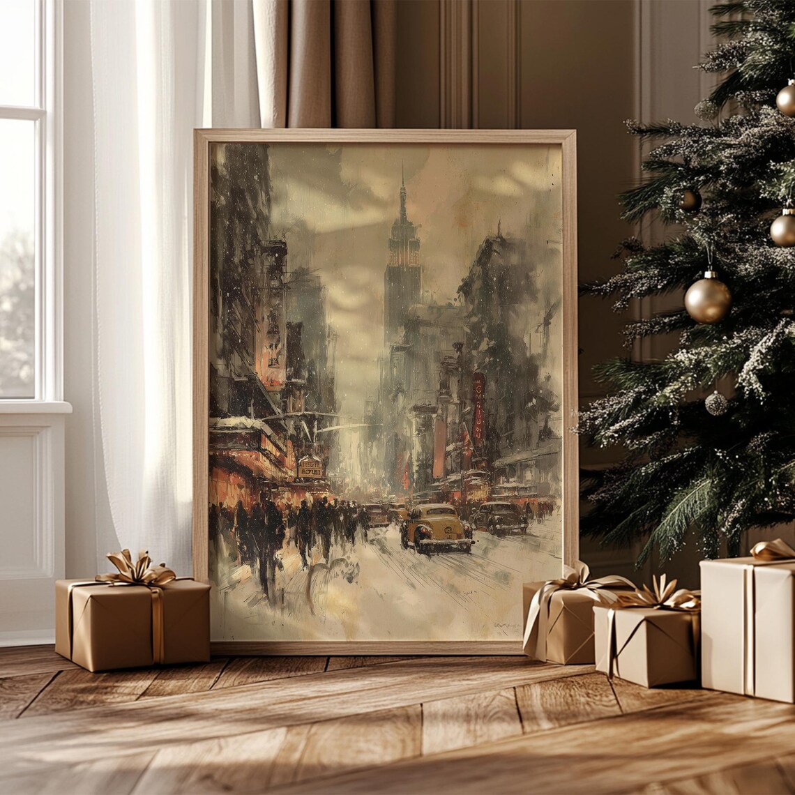 Vintage Winter New York Street Empire State Snowy Night Poster