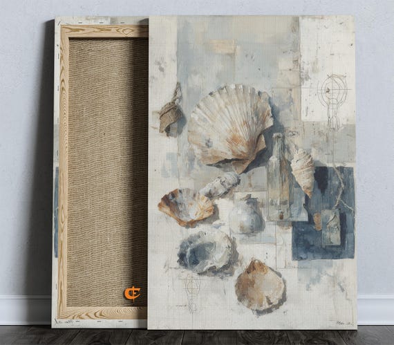Nautical Seashell Collage Vintage Maritime Wall Art Textured Beach Cottage Decor Coastal Poster Ocean Illustration 1596