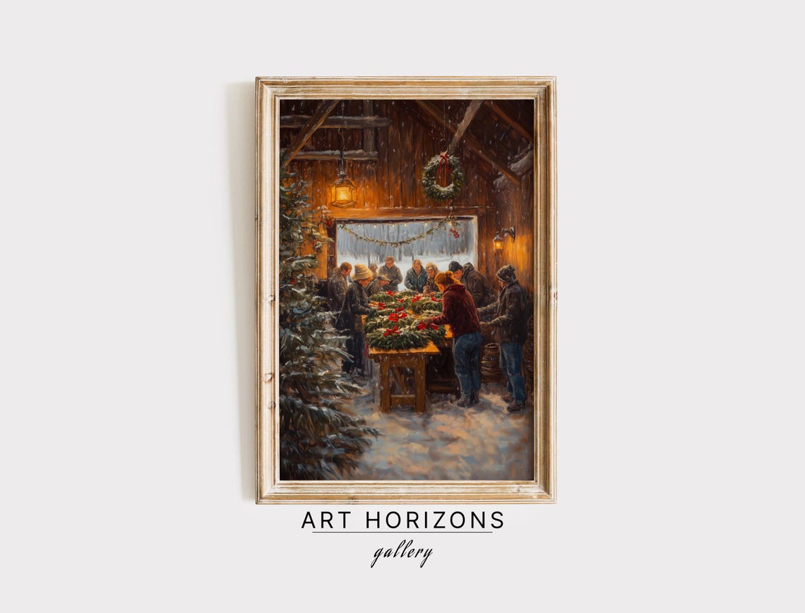 Vintage Christmas Wreath Workshop Rustic Barn Gathering Print