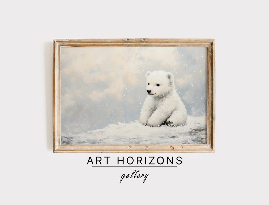 Baby Polar Bear Sitting Snow Soft Blue Sky Cute Winter Wildlife Poster