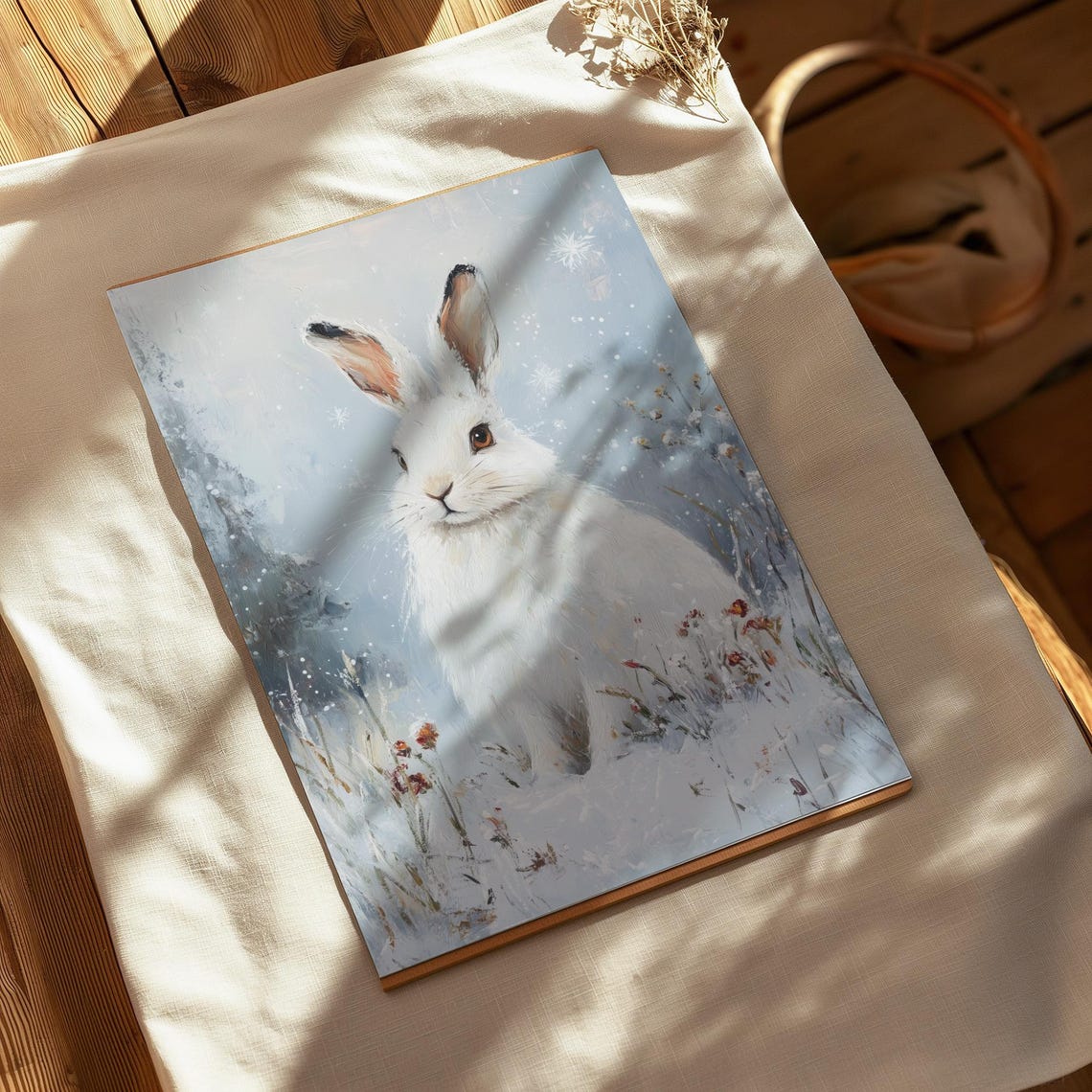 White Arctic Hare In Snowy Field With Falling Snowflakes Art Poster - Image 4