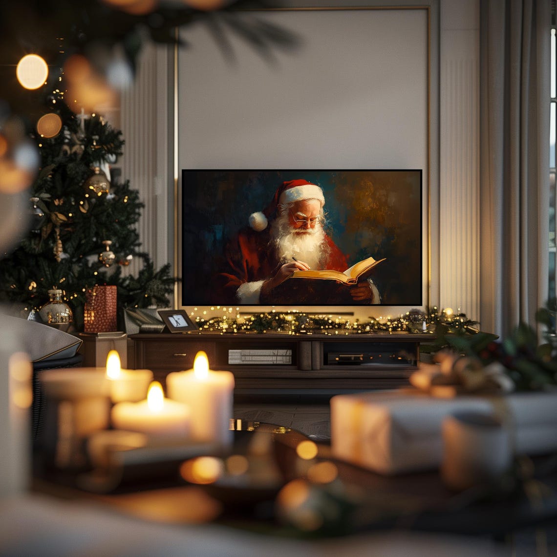 Santa Claus Writing Wish Book Warm Candle Glow Moody Christmas Poster - Image 2