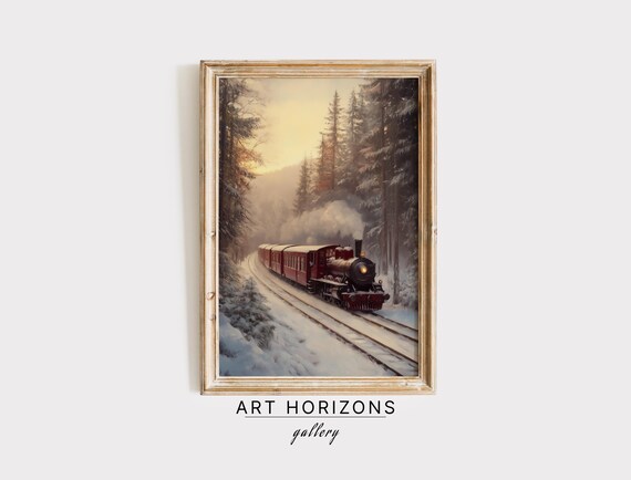 Vintage Christmas Express Train Moody Winter Landscape Snowy Forest Wall Art Christmas Home Decor Winter Print A32