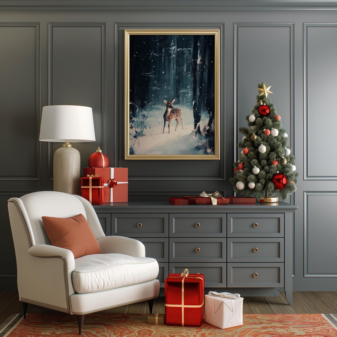 Vintage Baby Deer In Snowy Forest Winter Wall Art Deer Print Farmhouse Christmas Wall Art Country Painting Wall Art A52 - Image 2