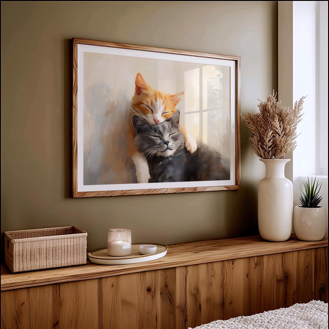 Orange Tabby Grey Cat Cuddling Hug Sweet Pet Painting Valentine Poster - Image 5
