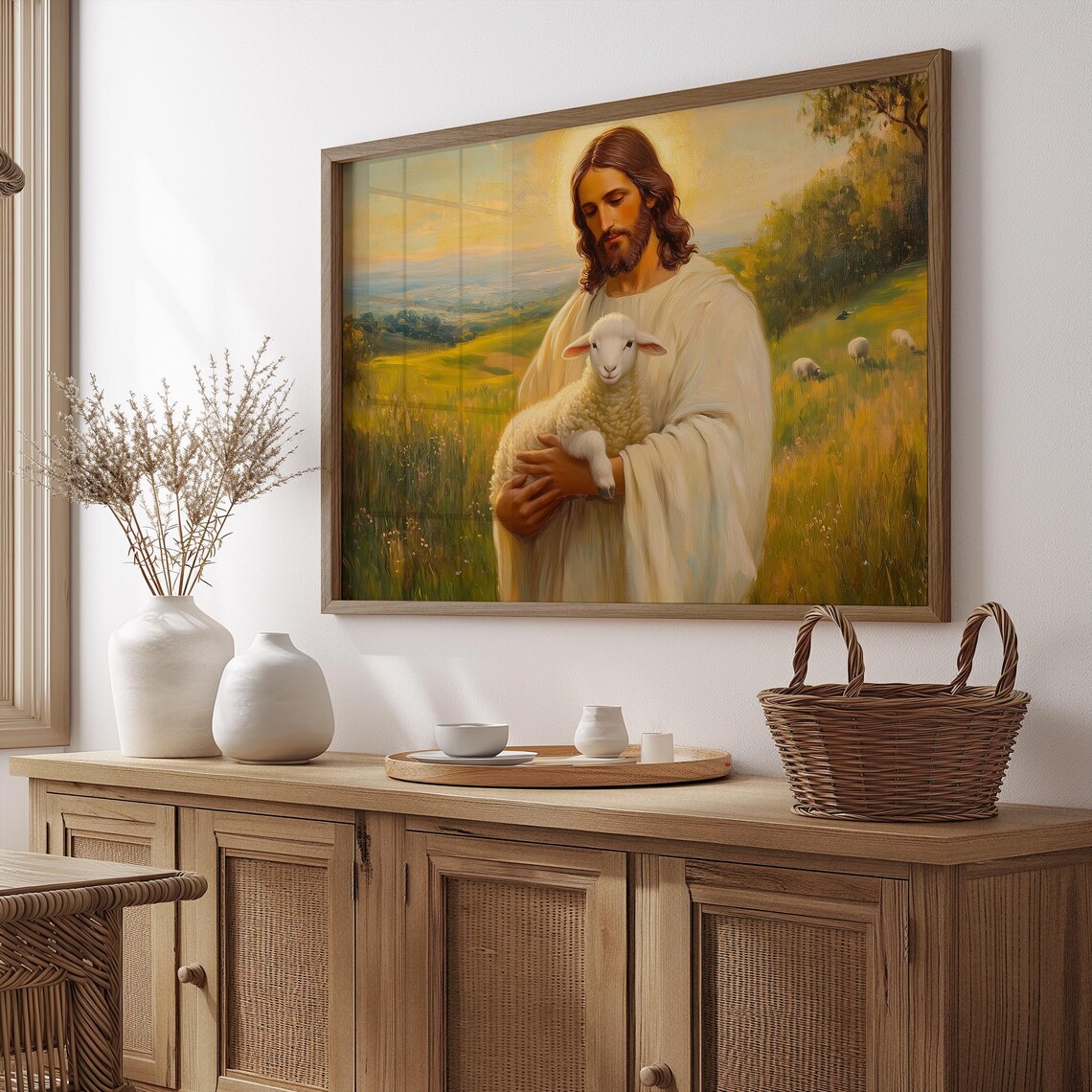 Jesus Good Shepherd Holding Lamb Golden Field Easter Christian Art Poster - Image 4