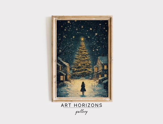 Moody Christmas Wall Art Snowy Winter Oil Painting Christmas Tree Night Art Girl Christmas Print Winter Art A78