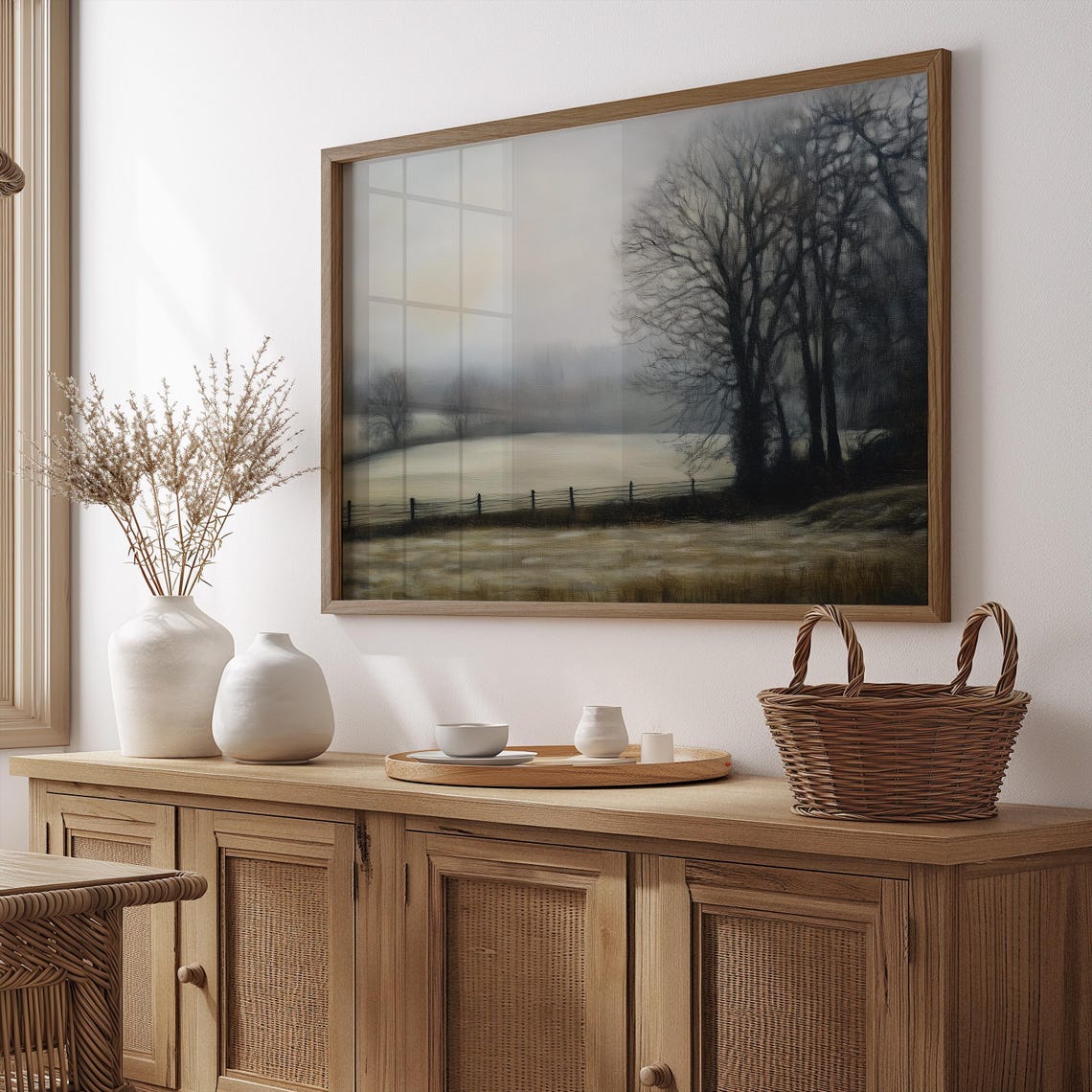 Foggy Meadow With Bare Trees And Fence Muted Autumn Art Poster - Image 4