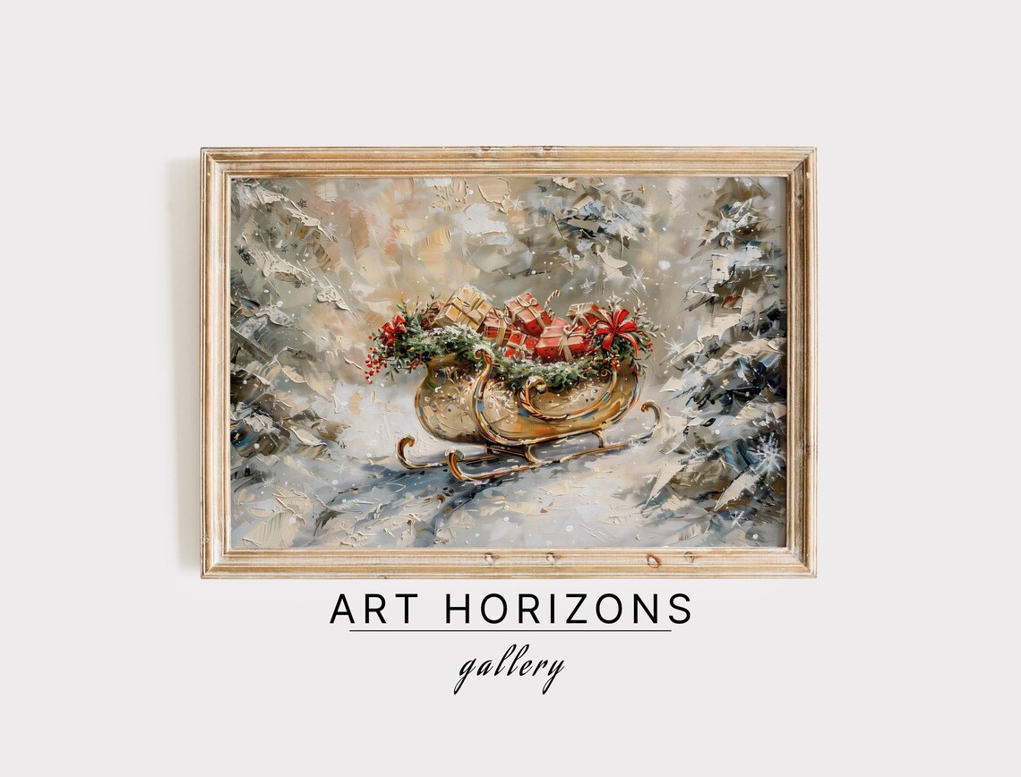 Golden Sleigh Full Of Gifts Snowy Forest Painterly Winter Print