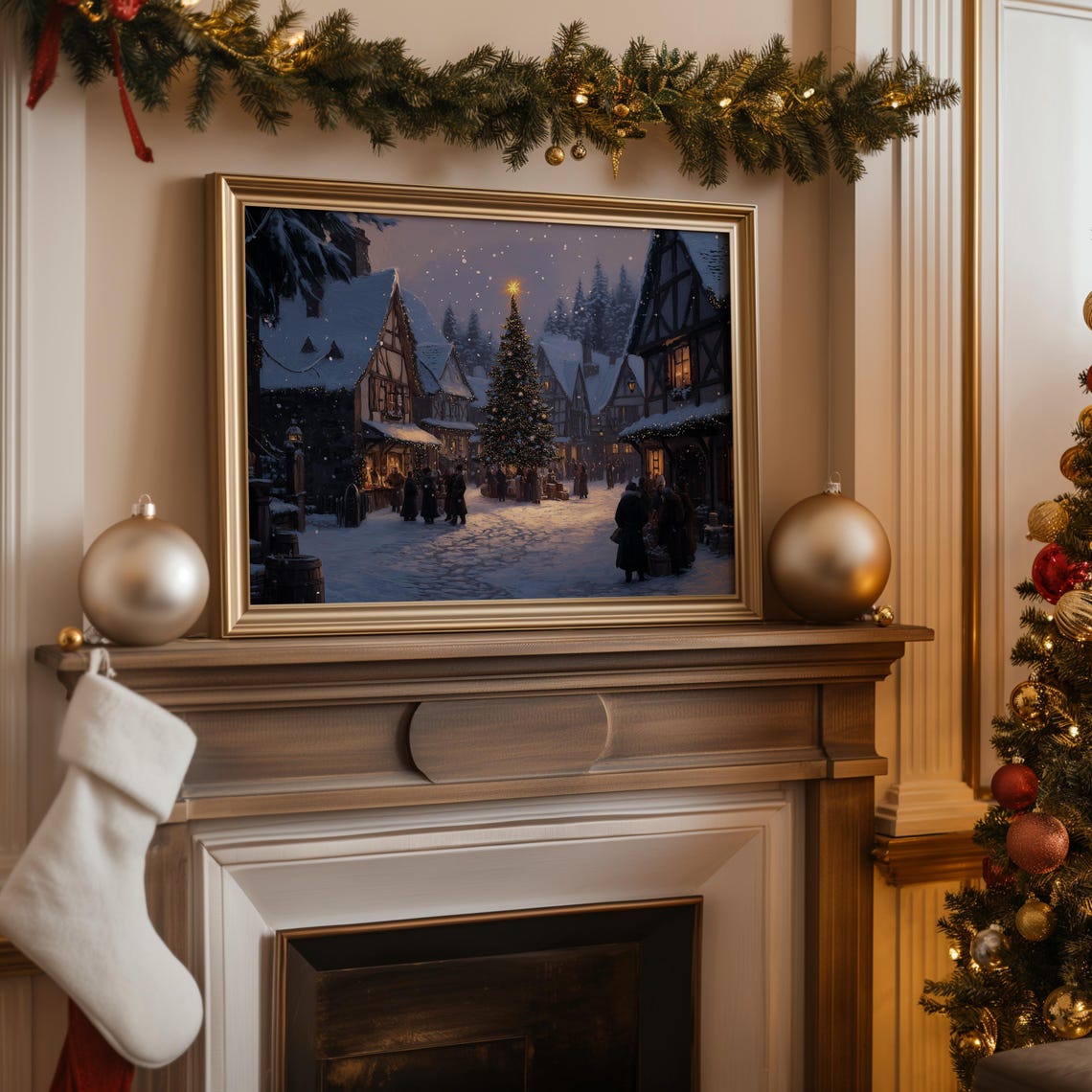 Tudor Village Square Christmas Tree Twilight Snow Travel Poster - Image 2