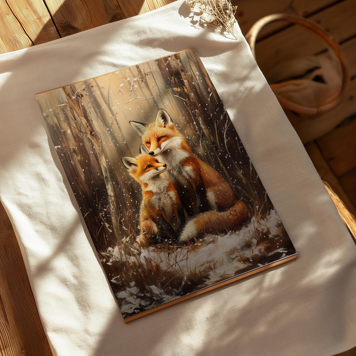 Red Fox Mother And Cub Cuddling In Snowy Woods Golden Art Poster - Image 2