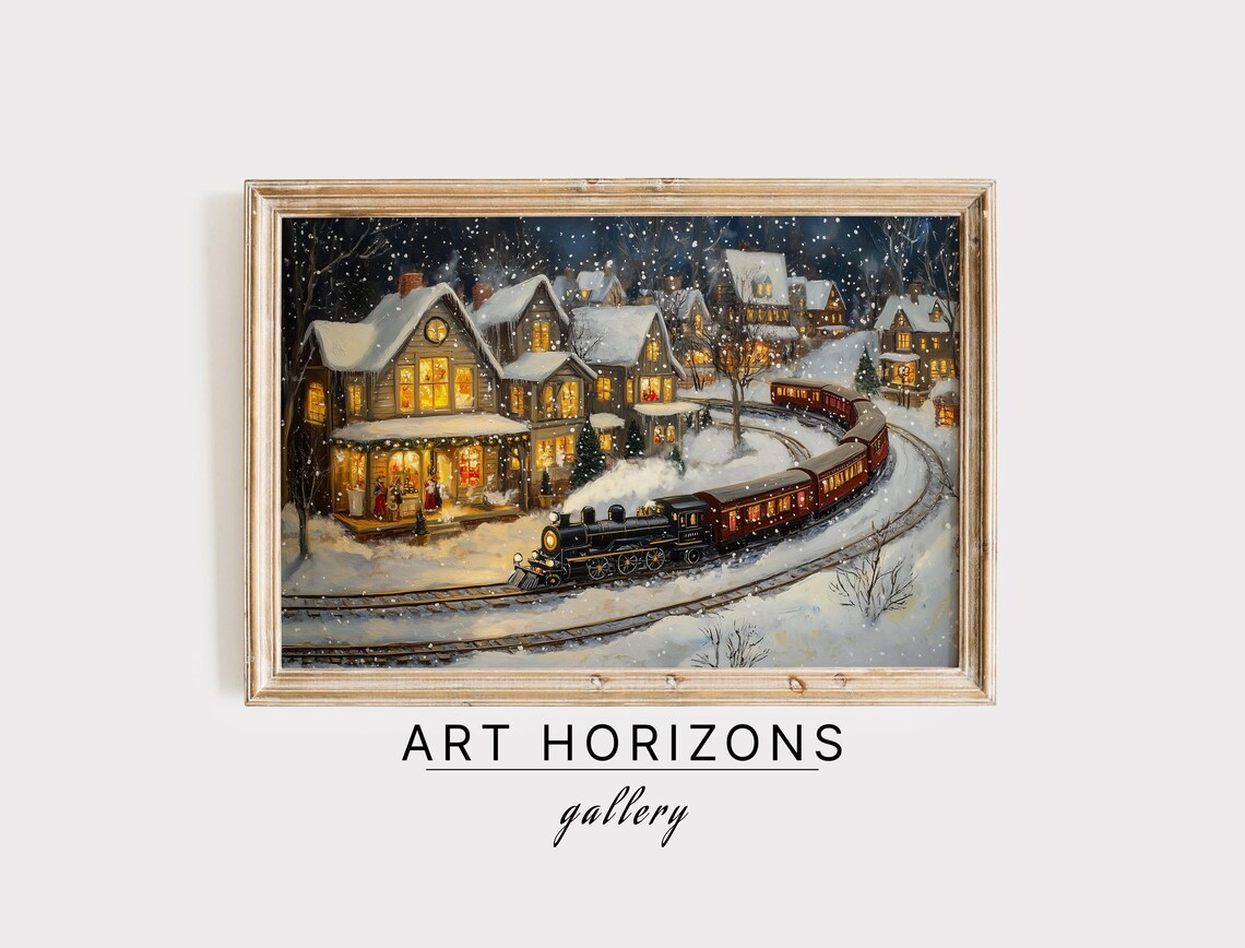 Vintage Steam Train Snowy Village Night Christmas Lights Poster